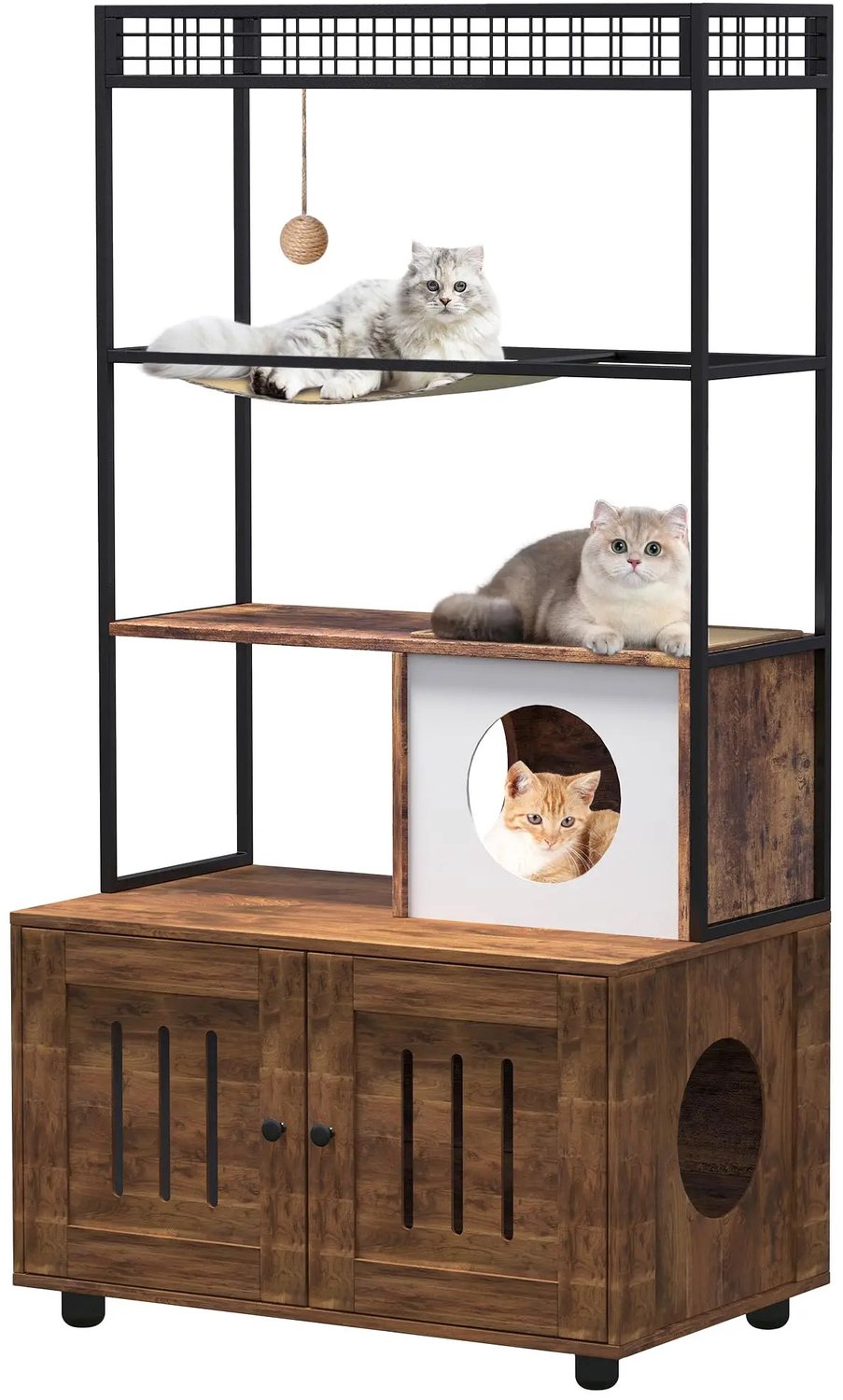 Gudalio Kattenbak Meubel - Kast - Kattenhuis - Verborgen Kattenbak - Krab Hangmat - Speelbal - Opbergplank - Hout - 152 cm - Bruin
