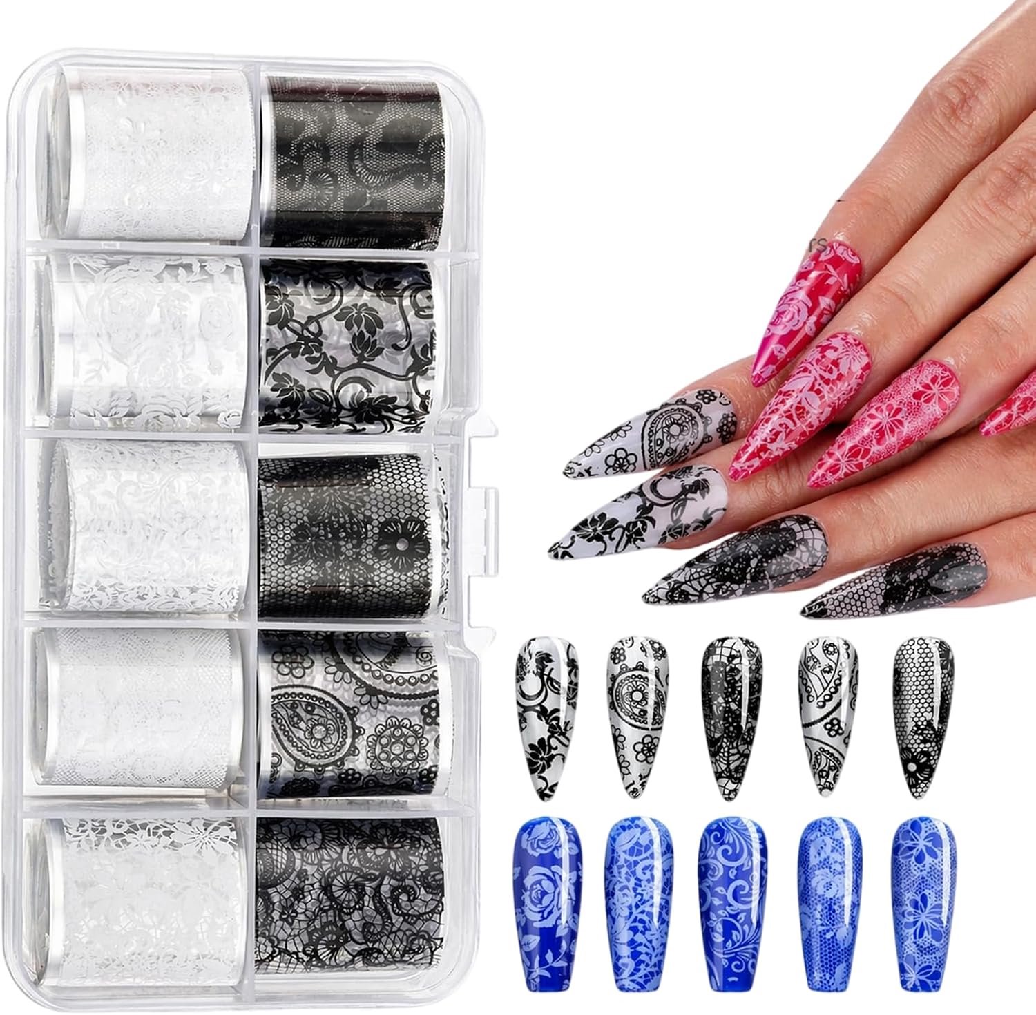 Nagelsticker Nail Art Nail Sticker Nagelsticker, 10 Rollen Transferfolie Nagels Met Zwart Wit Bloemen Kant, Nagelfolie Voor Acryl Gel Nagels, Naildesign Accessoires Voor Manicure En DIY Decoratie