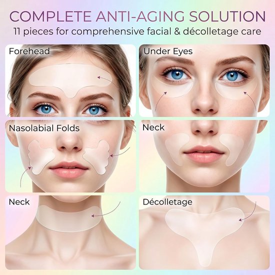 11 stuks anti-rimpel siliconen voorhoofdrimpelmasker, herbruikbaar oogpad voor volle, halsrimpels, huidlijnen, schoonheid, oogverzorgingscrème, applicator 's nachts — afbeelding 2
