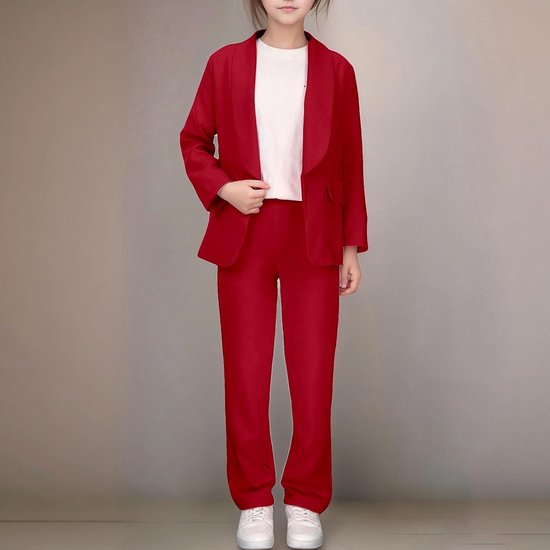 Zomerjas en broek voor meisjes, effen, revers, open voorkant, lange mouwen, casual outfit — afbeelding 2