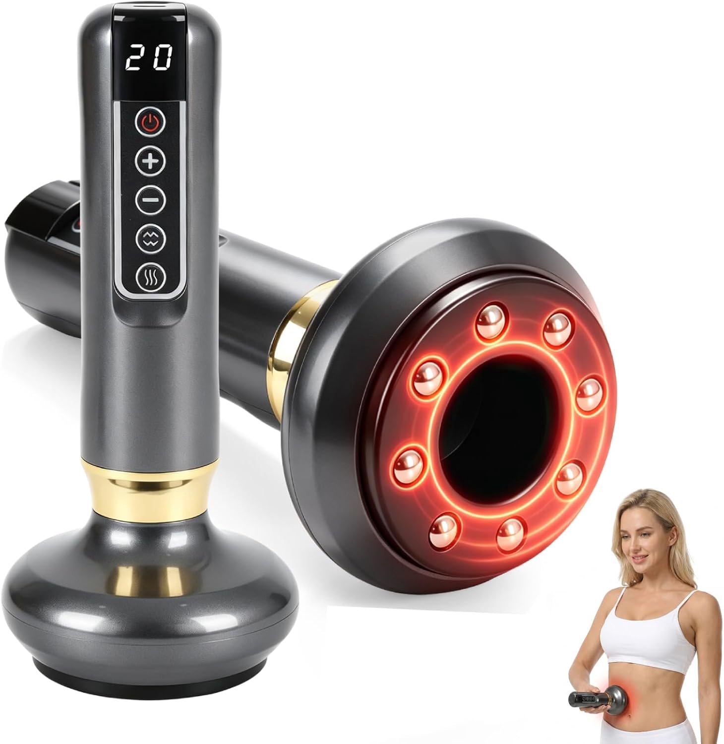 Elektrisch zuignapapparaat, cellulitis massageapparaat met 12-traps zuigkracht en 12-traps roodlicht-warmte, 36 mm zuigopening, 8 magnetische ballen, massageapparaat voor buik, taille, armen