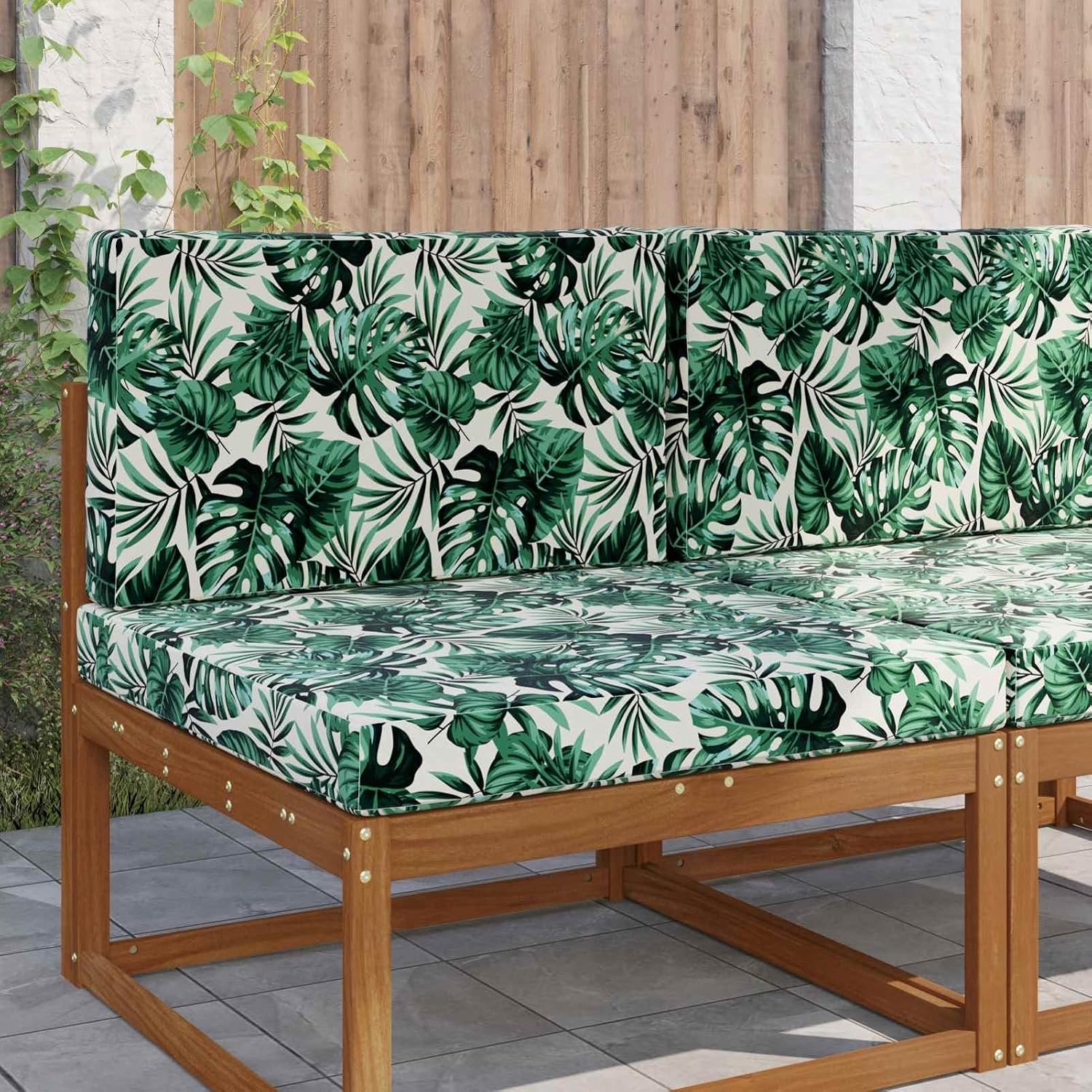 Bankkussen voor buiten, 2 stuks, bladpatroon, van polyester, 80 x 80 x 8 cm, zitkussen + rugkussen van 80 x 43 x 10 cm, scheurvast en lichtecht, voor terras, balkon, tuin