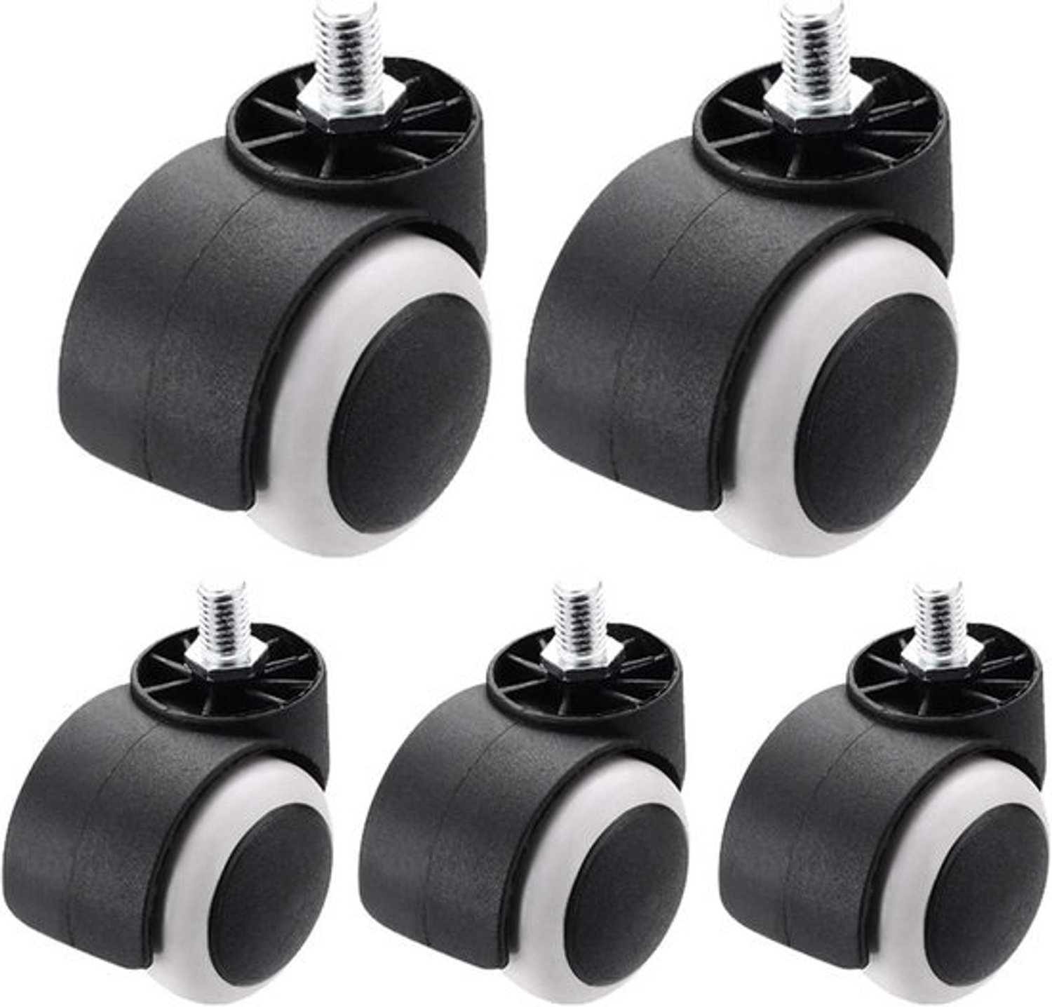 Set van 5 zwenkwielen met rem en schroefdraad M10 - Stille nylon wielen - 50mm