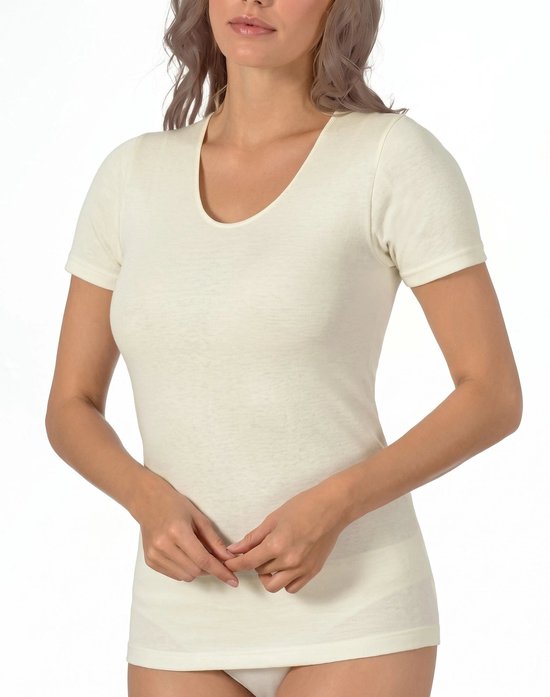 Entex dames thermo T-shirt korte mouw - Diepe ronde hals - Warm Wollen ondershirt - Crème / M - Creme — afbeelding 5