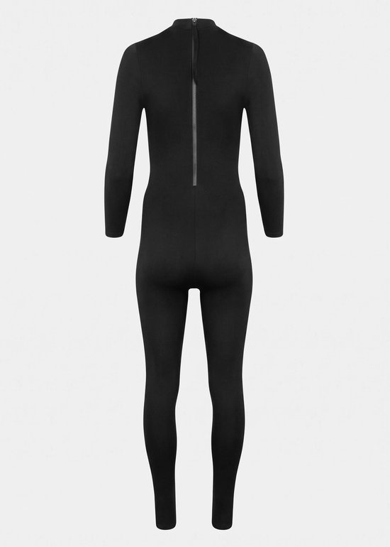 Zwarte nauwsluitende jumpsuit met lange mouwen en rits aan de achterkant.