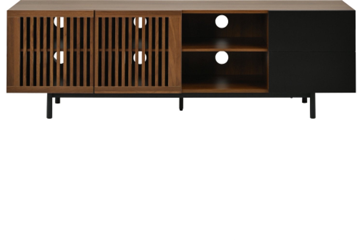 Merax Tv meubel 160 cm - MDF - lamellendeuren - lades - open vakken - walnoot Notenhout/zwart