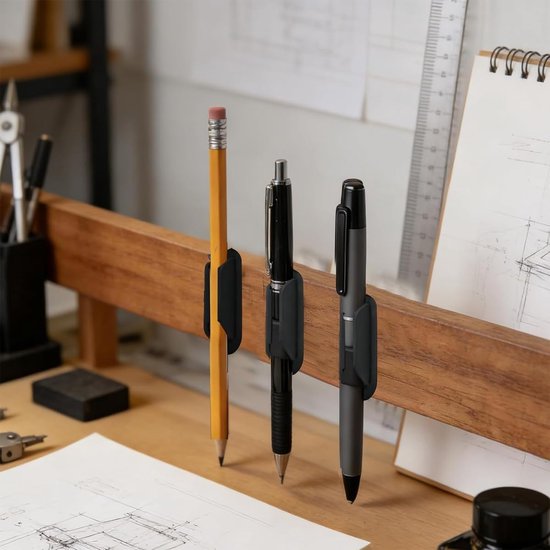 6 stuks wandgemonteerde pennenhouder, zelfklevende pennenhouder voor bureaus, bureau, koelkast, whiteboard, zwart, wit, grijs — afbeelding 3