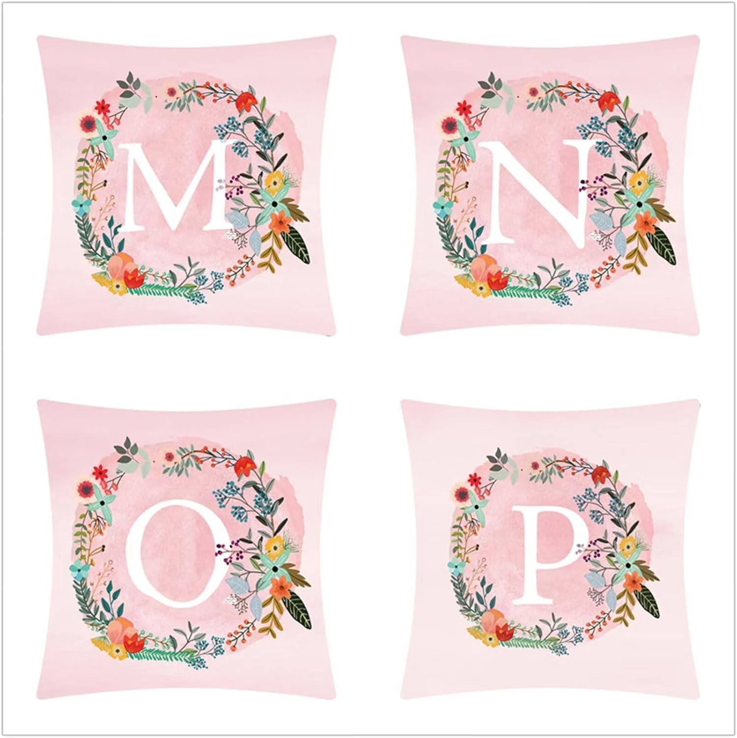 Buitenkussens 40 x 40 cm, roze krans letters tuinkussens 40 x 40 cm, linnen zachte kussenhoes met onzichtbare ritssluiting voor sofa stoel woonkamer, pak van 4