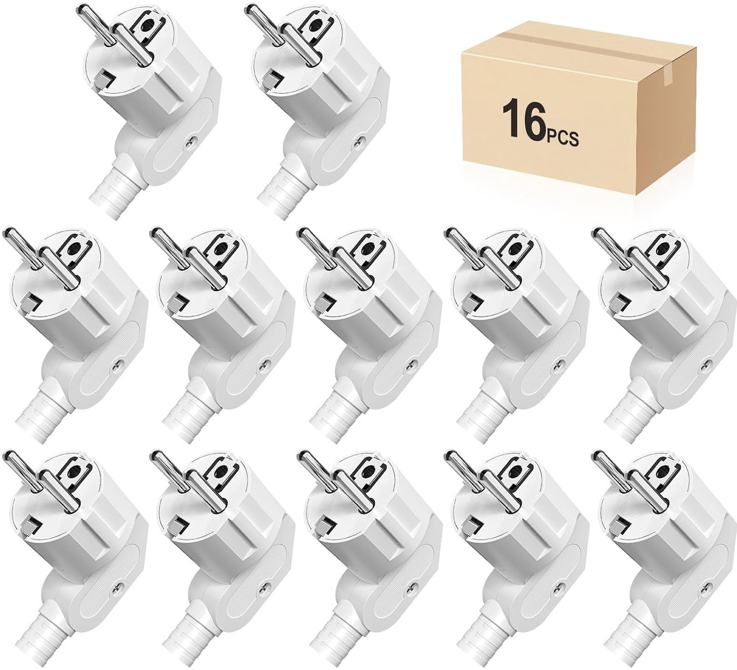 Schuko stekker, hoekstekker, 16 stuks, geaarde stekker met knikbeschermingsaansluiting, stekker 250V (16A), PABANCE stroomstekker, hoekstekker, waterdicht, voor 8-10 mm kabel, wit