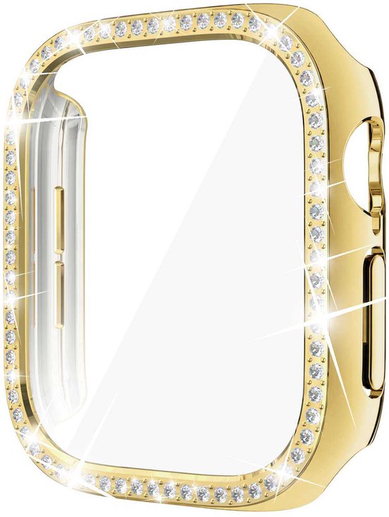 Gouden beschermhoes met strass-rand en ingebouwde screenprotector voor een luxe uitstraling.