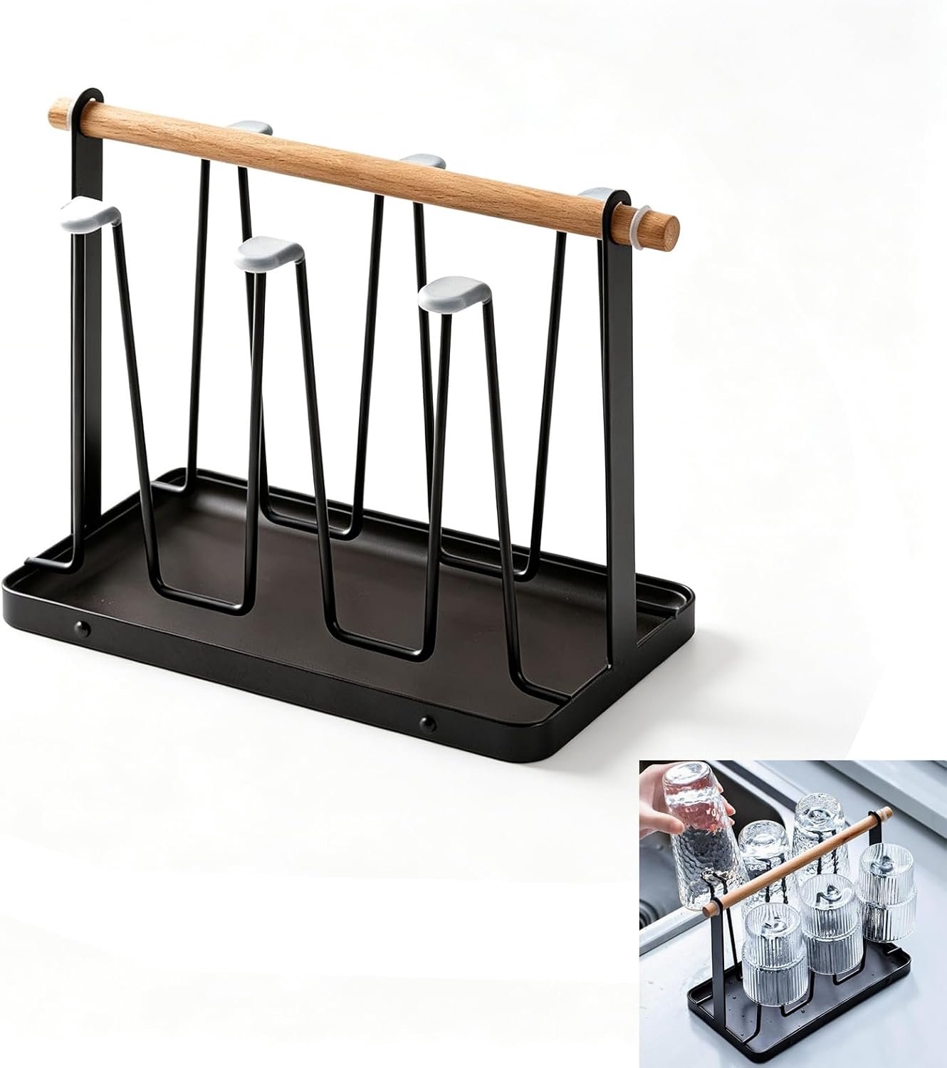 Omgekeerde glazenhouder zwart om af te druipen met afdruipbak, bekerhouder voor de keuken, afdruiprek voor glazen en - ShopVlot