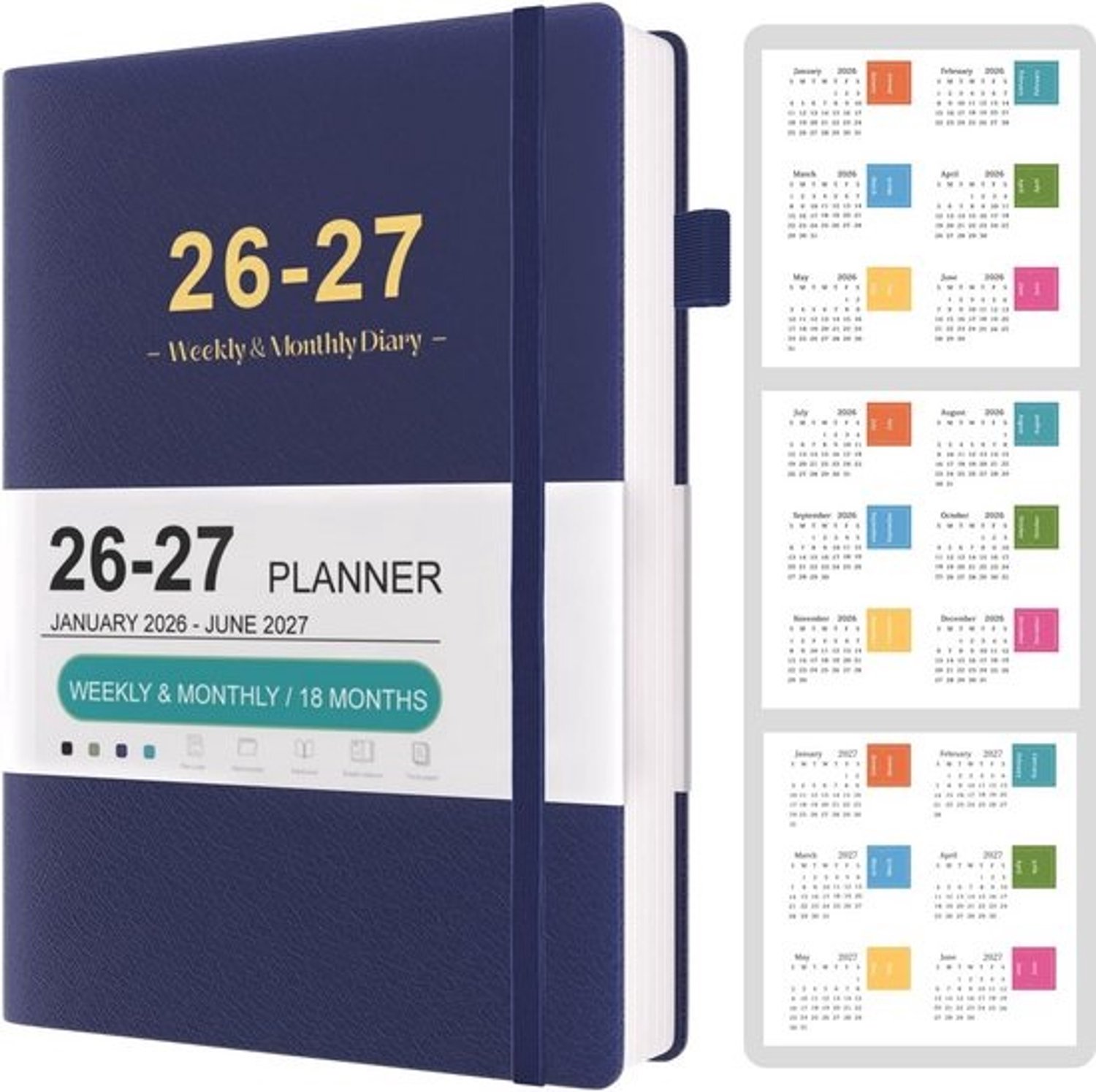 Agenda 2026-2027 A5, dagboek voor 18 maanden met weekoverzicht, stickers en tabs, hardcover