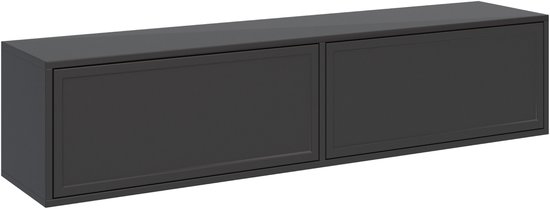 Meuble TV suspendu noir avec deux portes fermées.