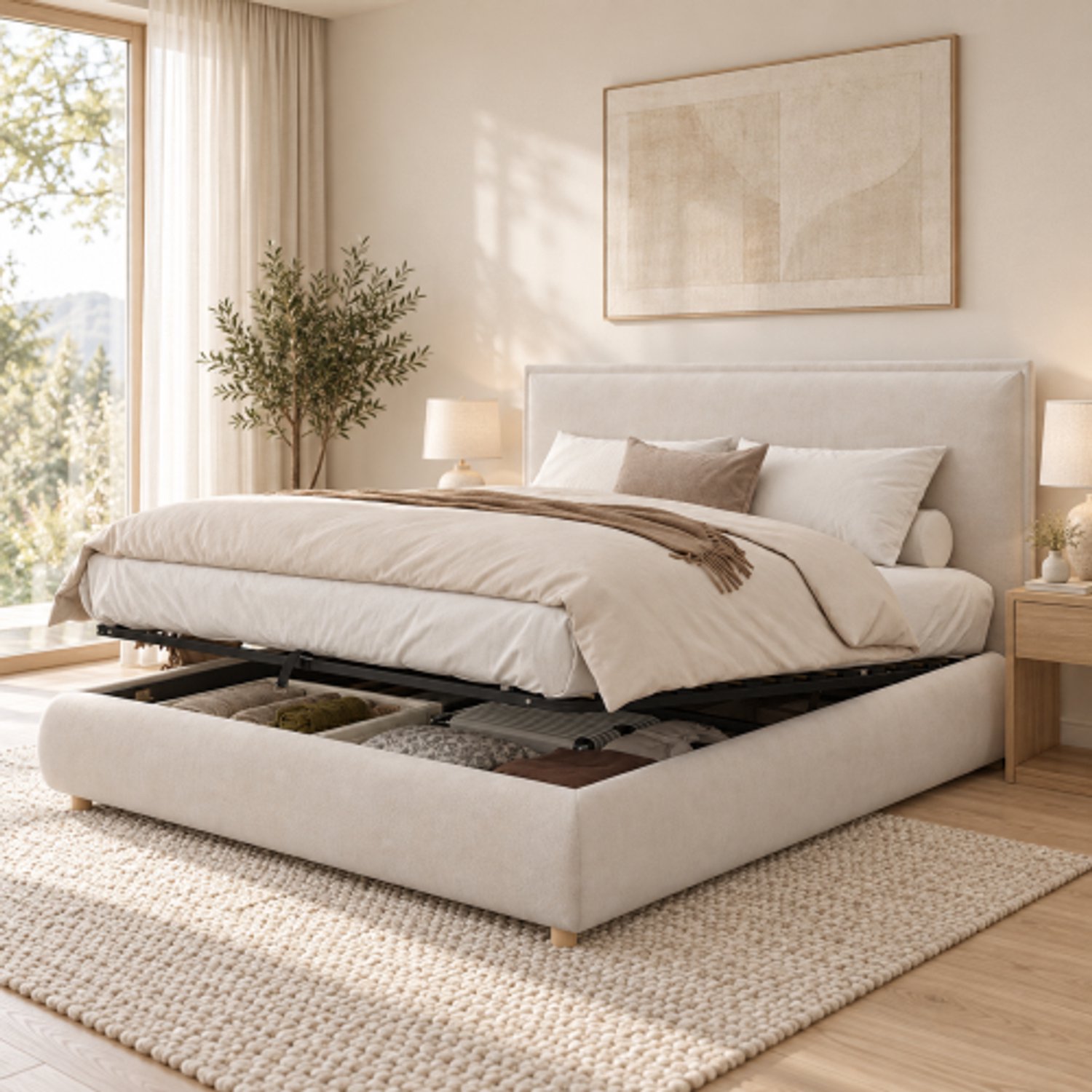 Zubaliya Creme Fluwelen Tweepersoonsbed 160x200 cm met Hydraulische Opbergruimte - Gepolsterd Bed met Lattenbodem & Massief Houten Poten - Creme