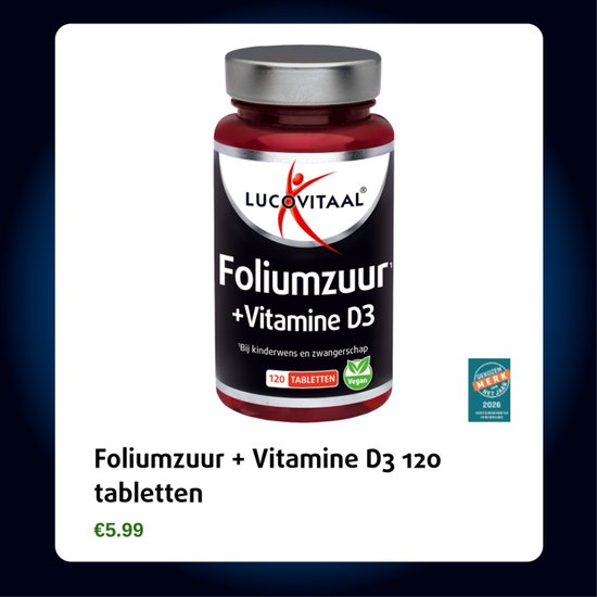 Flesje met Lucovitaal Foliumzuur + Vitamine D3, 120 tabletten. Met 'Gekozen Merk' keurmerk.