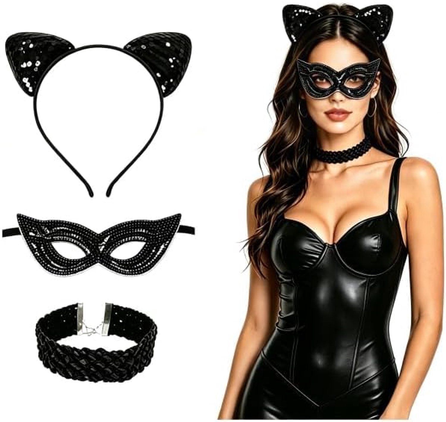 Kattenkostuum voor dames, 3-delig, sexy kattenmasker, hoofdband met oren en halsband, accessoires voor Halloween, carnaval en cosplay