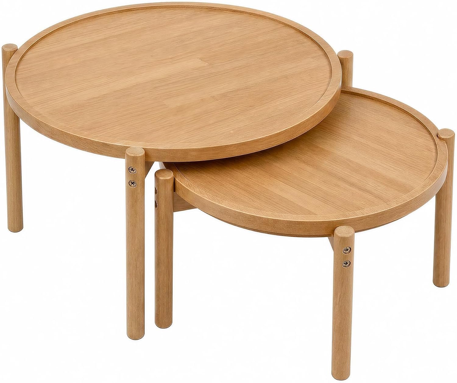 Ronde salontafel set 2 stuks 60 cm en 48 cm, natuurlijke houtkleur, nestbare bijzettafels van houtlook voor woonkamer