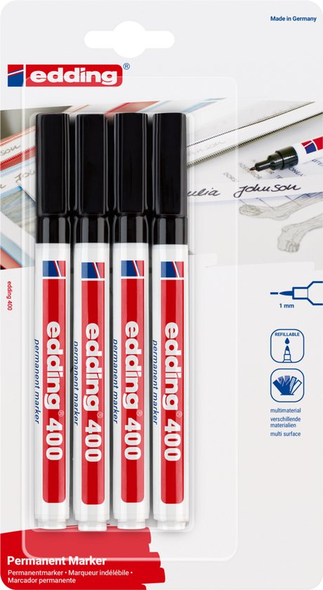 Verpakking met vier Edding 400 permanente markers, 1 mm punt, met "Made in Germany" en productinformatie.