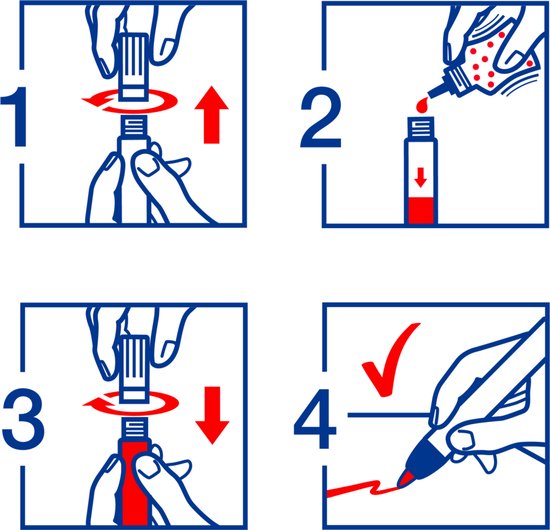 Instructies voor het bijvullen van een edding stift met rode inkt.