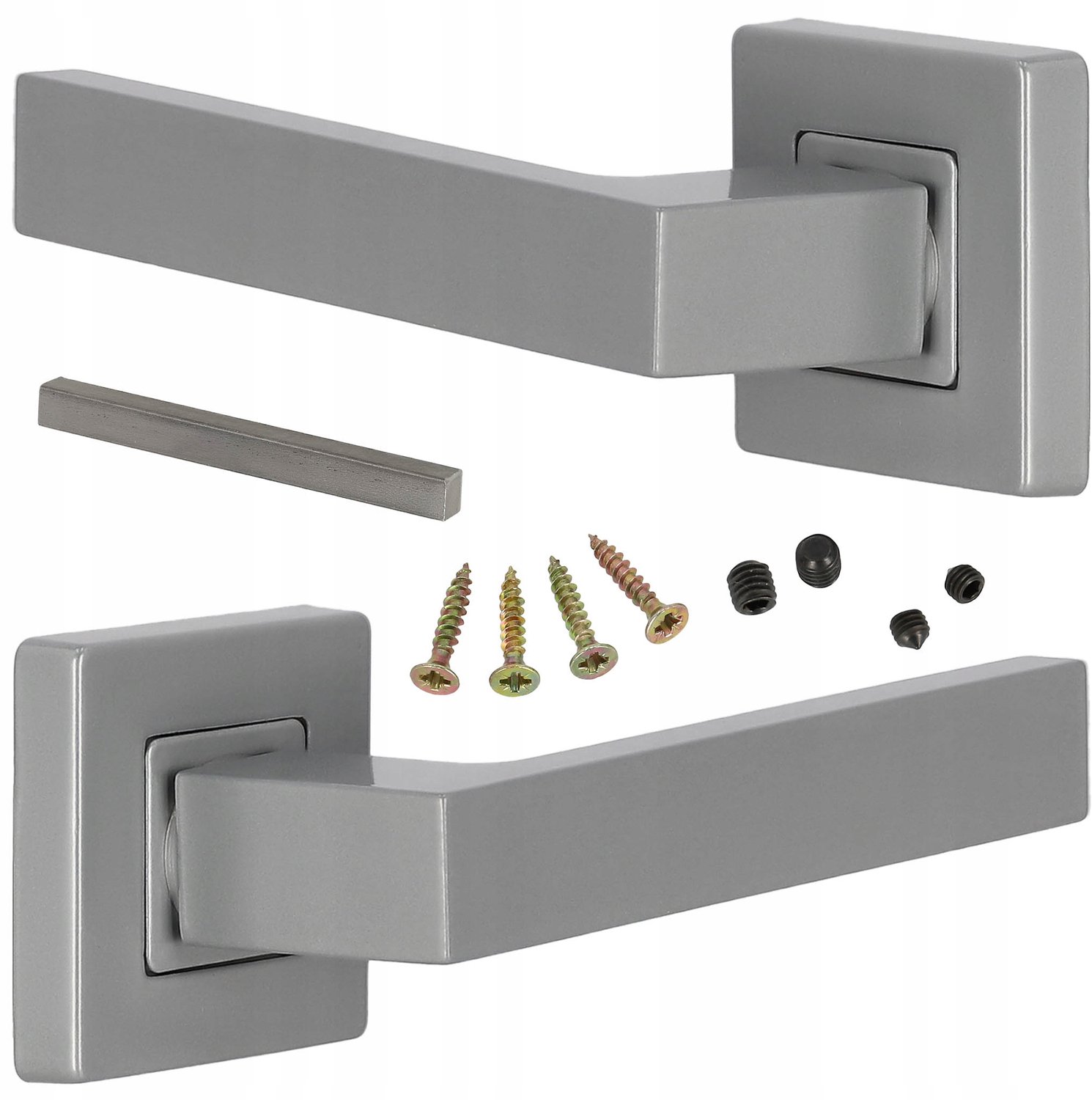 Kwadraat deurkruk met gesplitst schild, aluminium, zilverkleurig