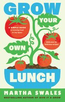 Boekomslag met een illustratie van een tomatenplant in een blauwe pot en de titel 'Grow Your Own Lunch'.