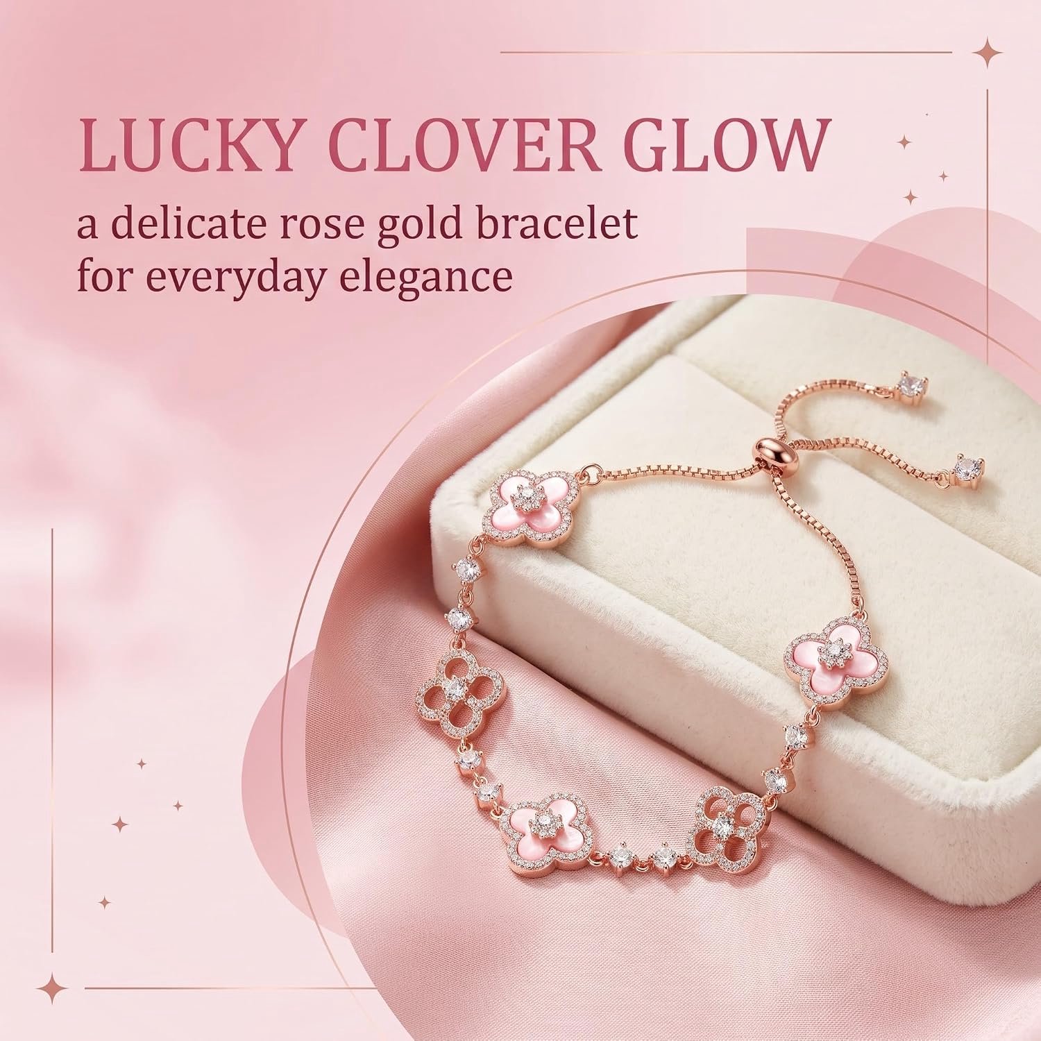 Armband met klavertjevier en zirkonia voor dames – Elegant accessoire voor dagelijks gebruik – Geluksbrenger en verjaardagscadeau (Roze)