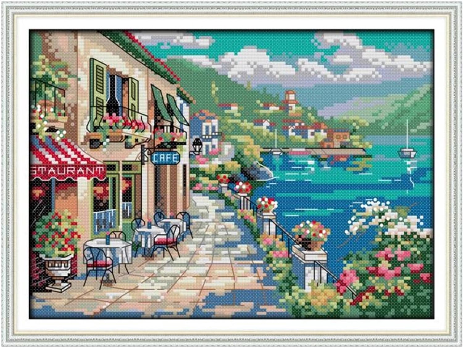 Seaside Cafe 2 Kruissteek kit aida 14ct 11ct Count Print Canvas Steken Borduurwerk DIY Handgemaakt Handwerk (Maat: 14ct onbedrukt Canvas)