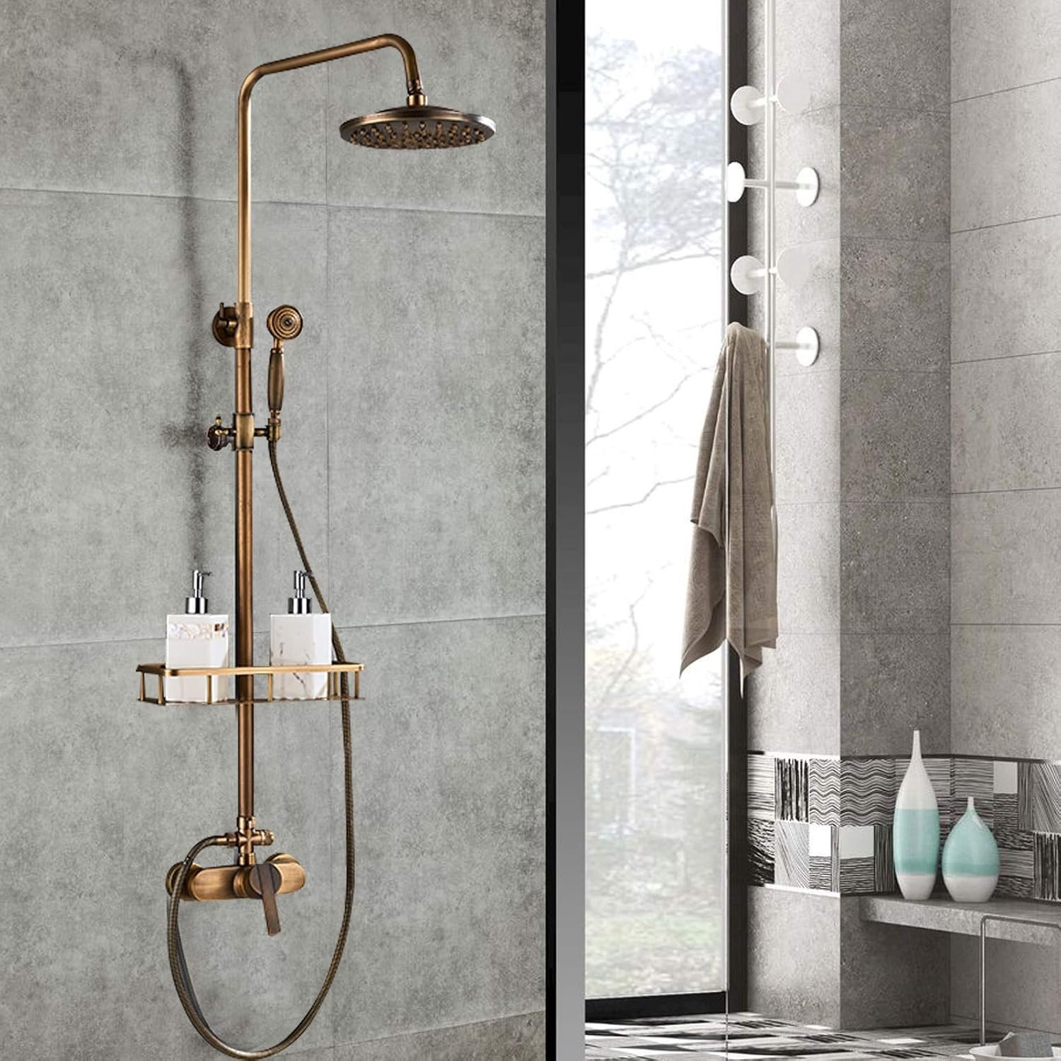 Antiek Messing Douche-systeem Duscharmatur Messing Antiek met vrijliggend pijp, regendouche, doucheset, compleet douche-systeem met handdouche, badkamer-duscharmatur