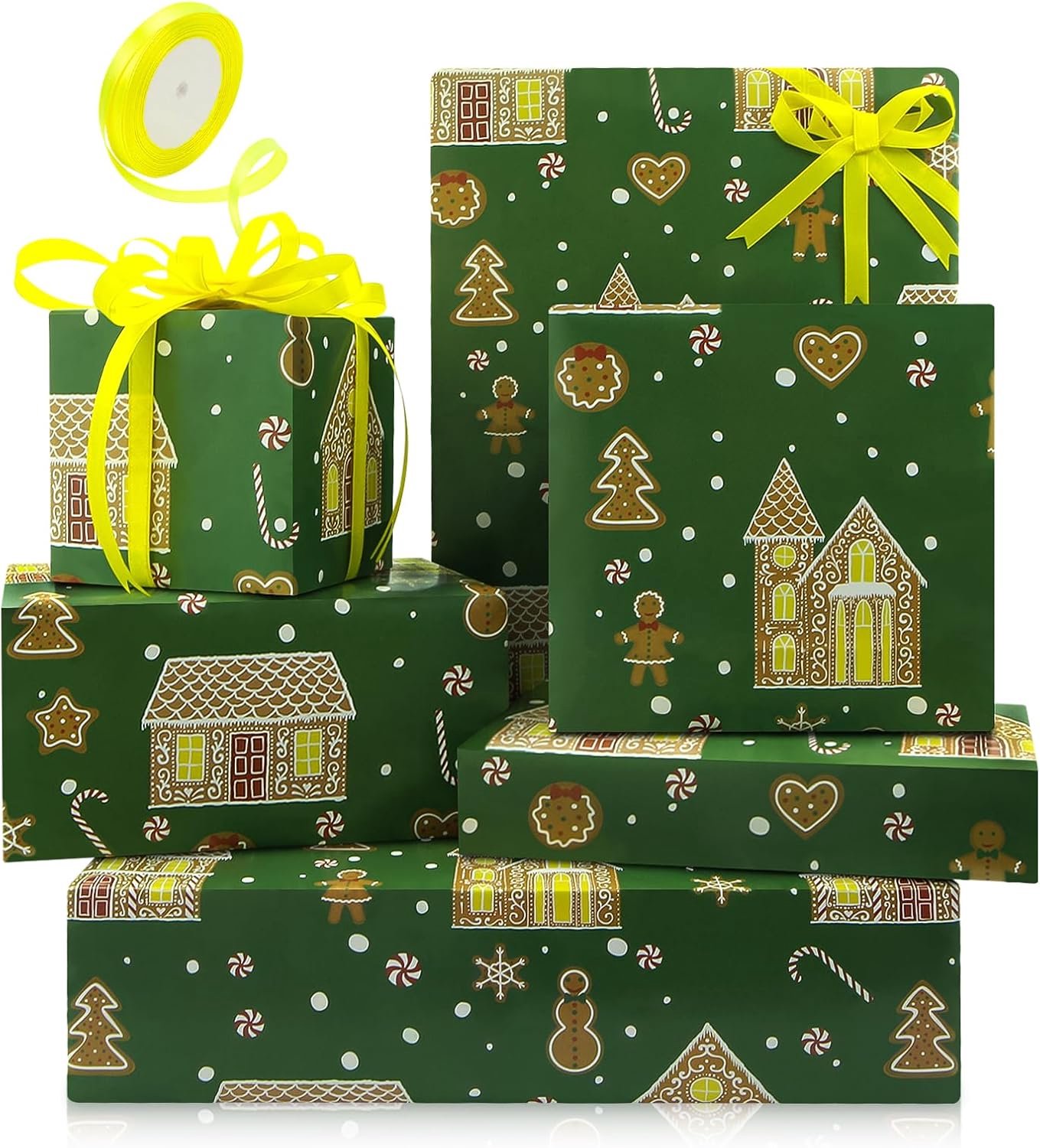 SnelShoppen - Groene Kerst Gingerbread Man Inpakpapier, 4 Vellen Geschenkpapier met Sneeuwman en Sneeuwvlokken, 50x71cm, Inclusief Gele Ribbon voor Ve