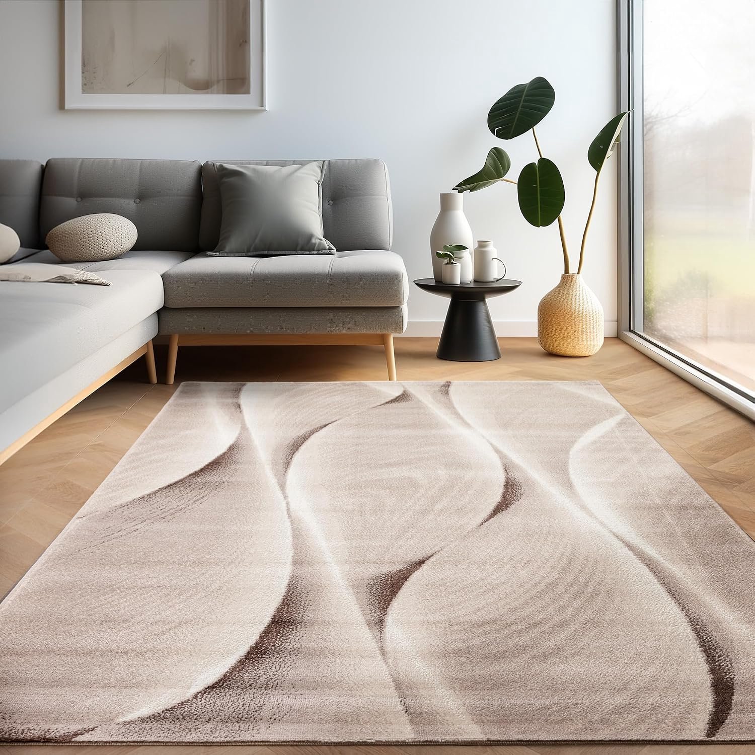 Tapijt voor woonkamer en slaapkamer met modern kortharig ontwerp, golfpatroon in houtlook, stevig en zacht, Kleur: Bruin, Maat: 140 x 200 cm