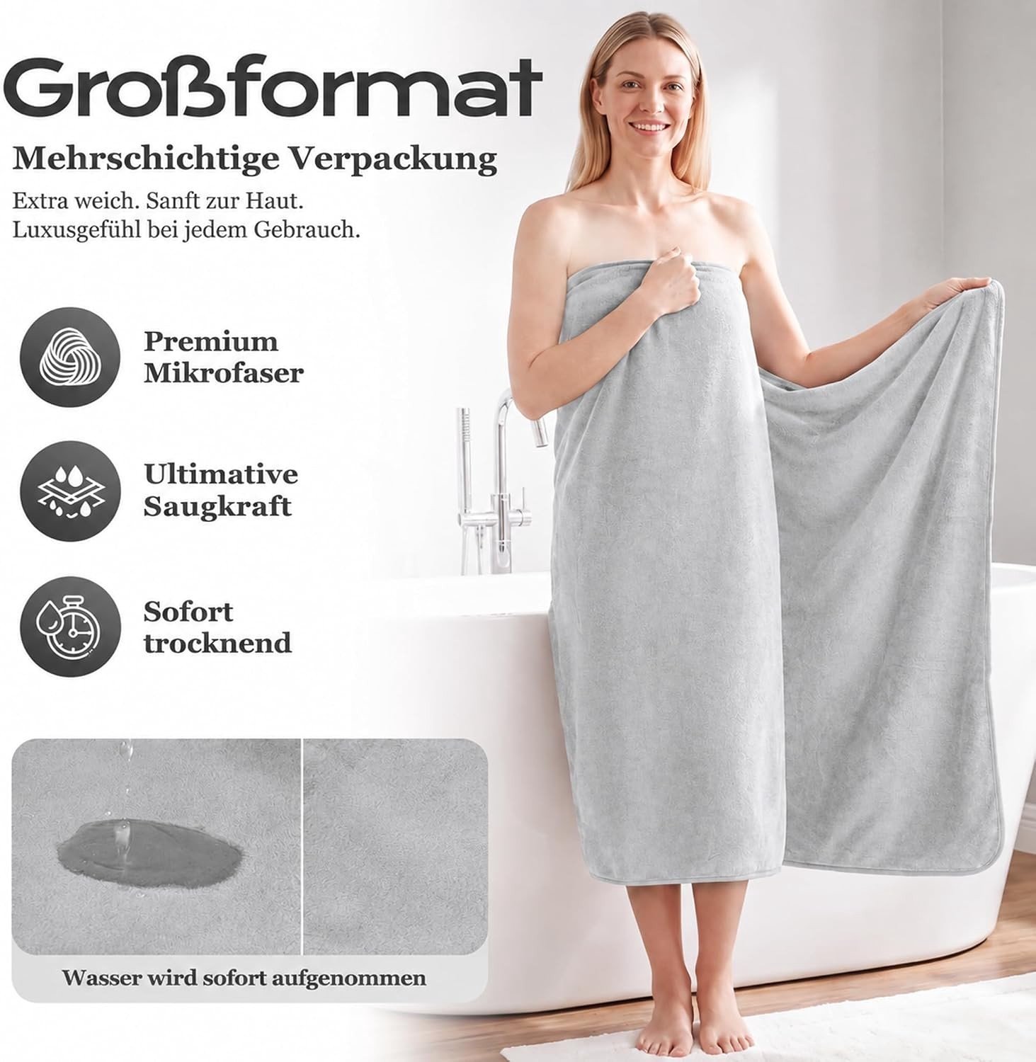 Grote Badhanddoek - Koel grijs - 100 x 200 cm - Sneldrogende Microvezel - Voor Thuis en Wellness