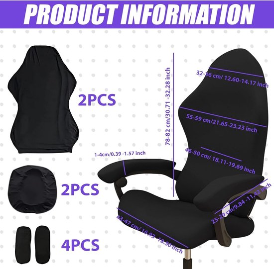 Gamingstoelhoes - Zwart - 8-delige Set - Wasbare Hoes met Armleuningen - Voor Gaming- en Computerstoelen — afbeelding 2