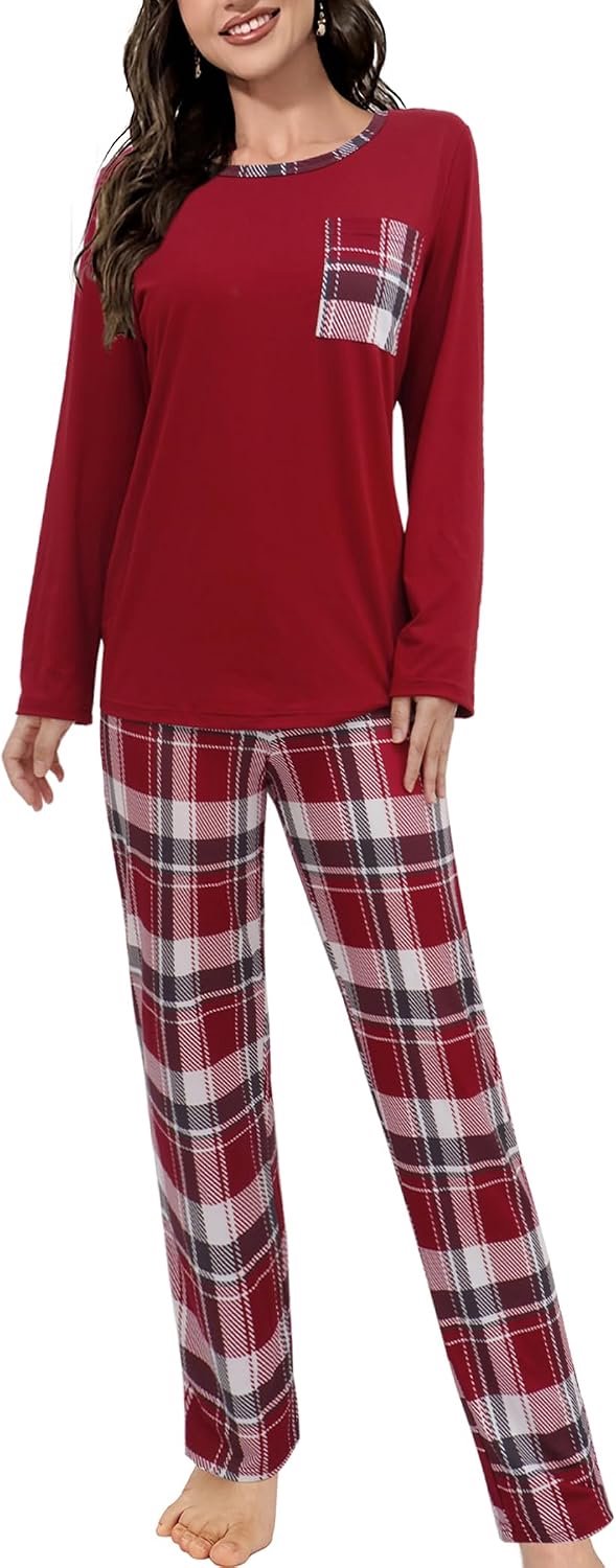 Pyjama voor dames, lange kerstpyjamaset, winter, tweedelige lange mouwen, nachtkleding en geruite pyjamabroek, loungewear, homewear, voor dames, behaaglijk huispak, vrijetijdspak