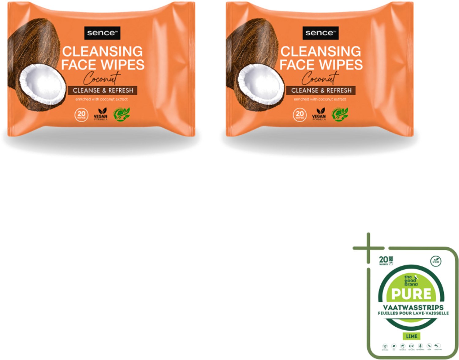 2 x Sence - Coconut - Gezichtsreinigingsdoekjes - Verzorgend - 20 Doekjes - Grootverpakking - Vaatwasstrips - Gezichtsreinigingsdoekjes - Kokos - Huidverzorging - Make-up Verwijderen - Hydrateren
