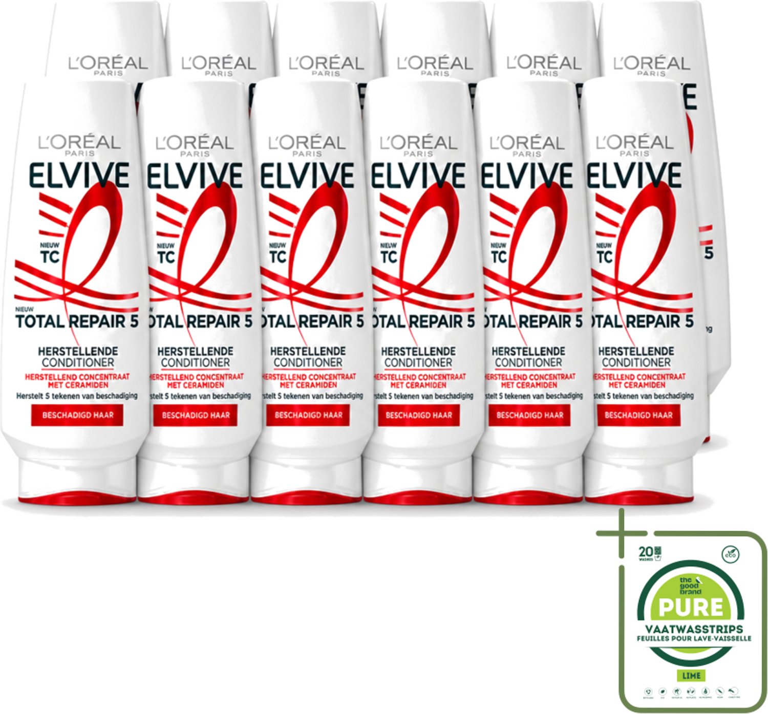 12 x L’Oréal Paris Elvive – Conditioner – Total Repair 5 – 200 ml - Grootverpakking - Vaatwasstrips - Herstel Haar - Beschadigd Haar - Ceramiden - Haar Herstellen - Haar Verzorgen