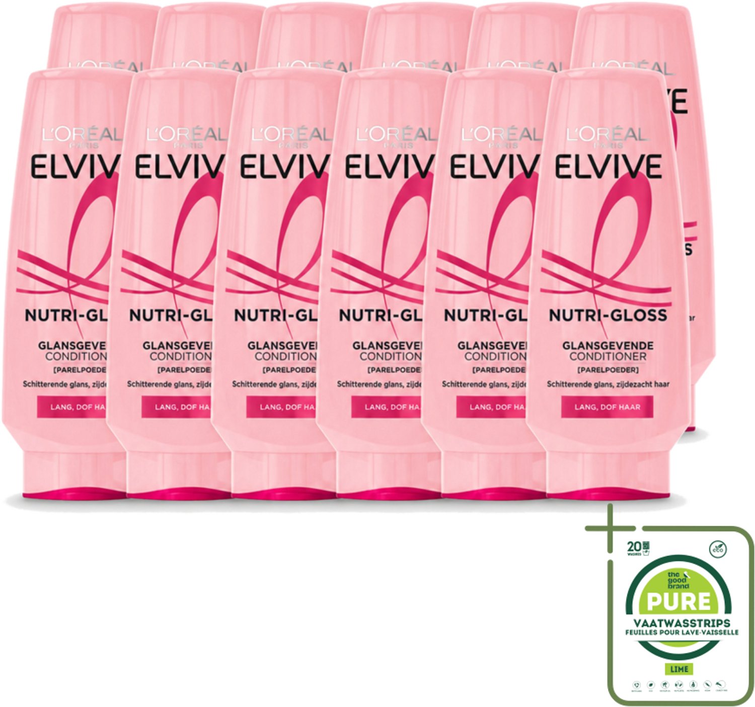 12 x L’Oréal Paris Elvive – Conditioner – Nutri Gloss – 200 ml - Grootverpakking - Vaatwasstrips - Glans Haar - Lang Haar - Ontwarrende Conditioner - Proteïnen - Parelextract