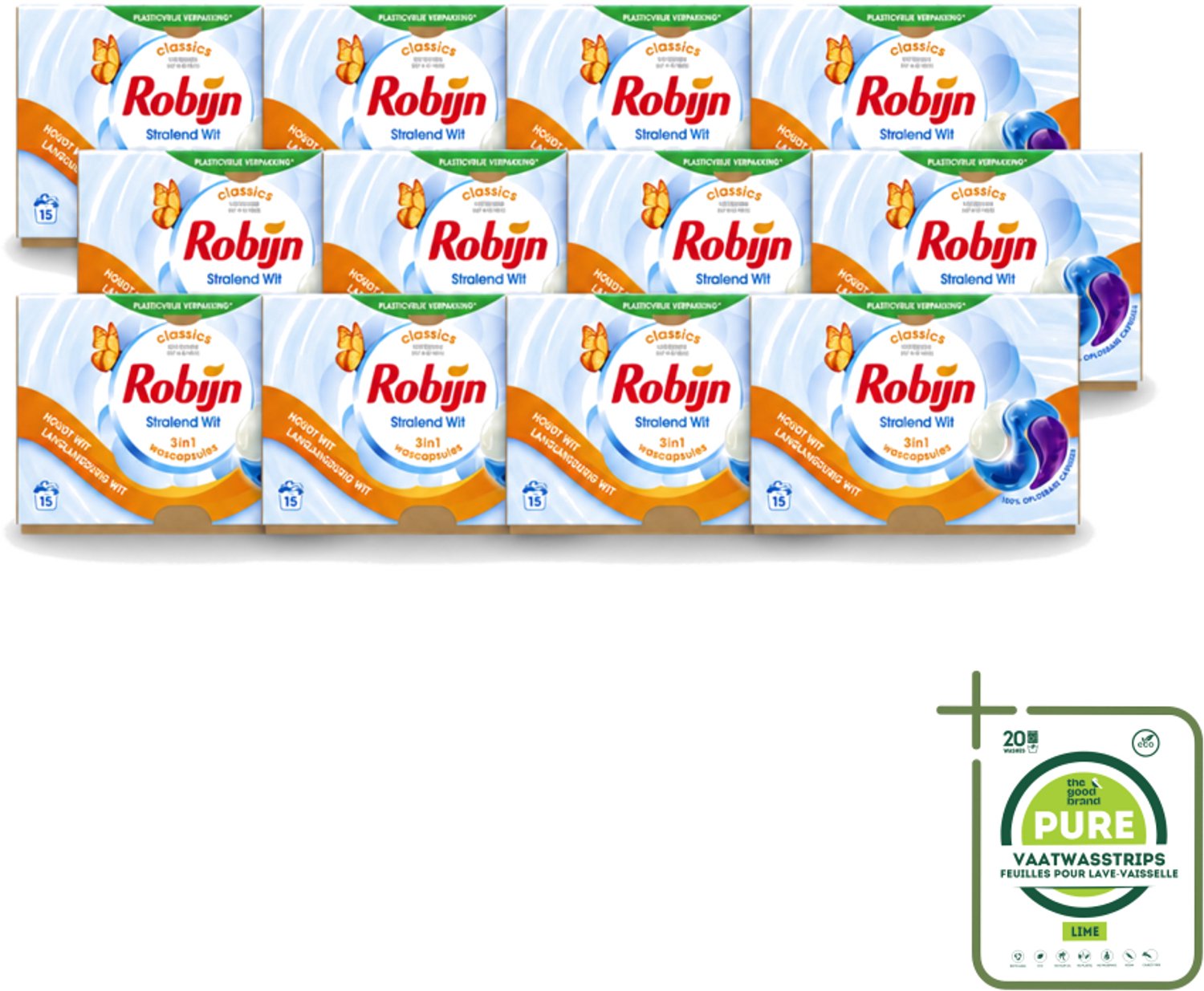 12 x Robijn – 3-in-1 Wascapsules – Stralend Wit – 15 capsules - Grootverpakking - Vaatwasstrips - Wit Was - Stralend Wit - Wascapsules - White Serum - Wasbescherming