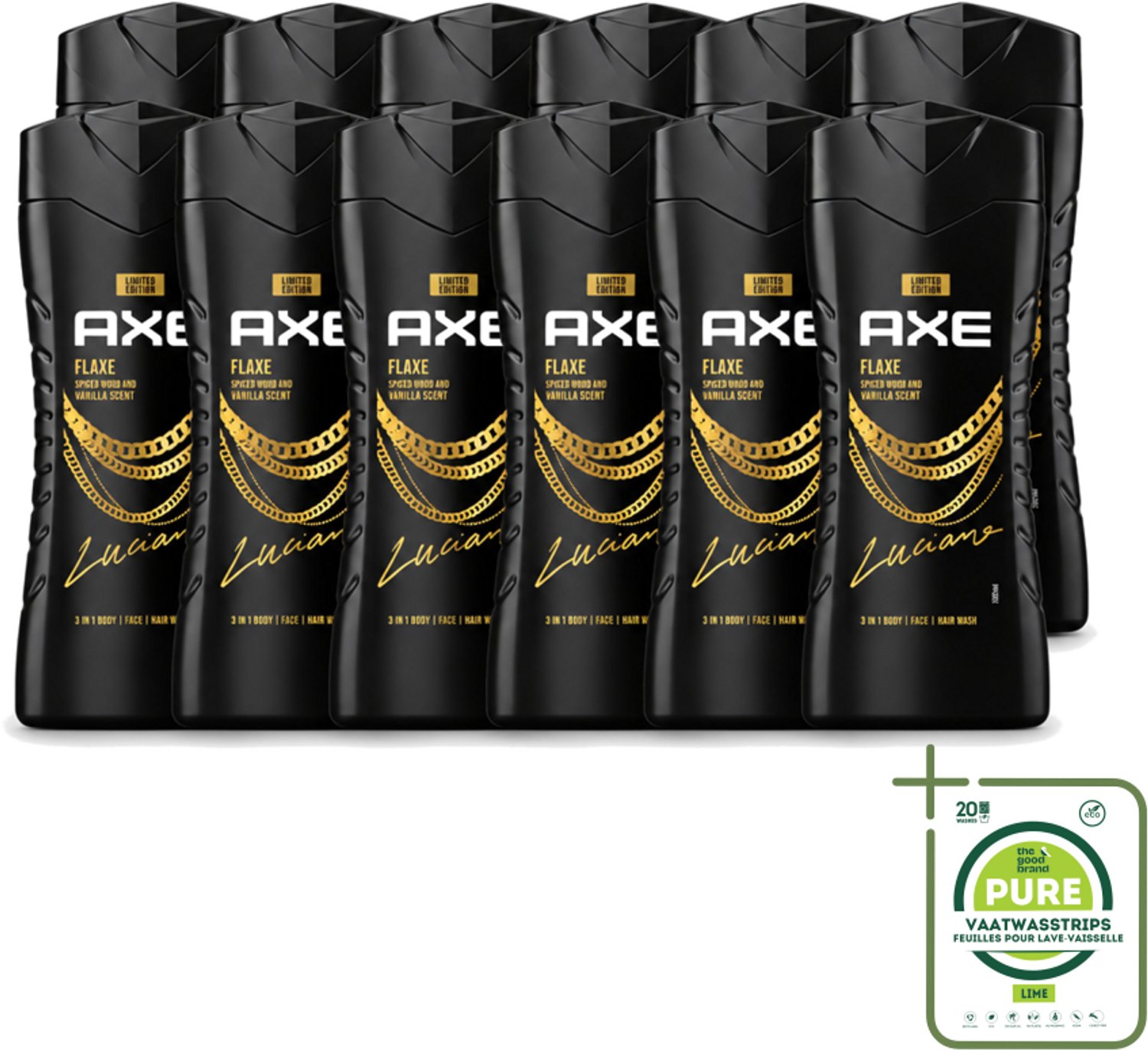 12 x Axe – Douchegel – Flaxe – 250 ml - Grootverpakking - Vaatwasstrips - Douchegel Voor Mannen - Frisse Geur - Reiniging Lichaam - Hydraatende Douchegel - Mannelijke Geur