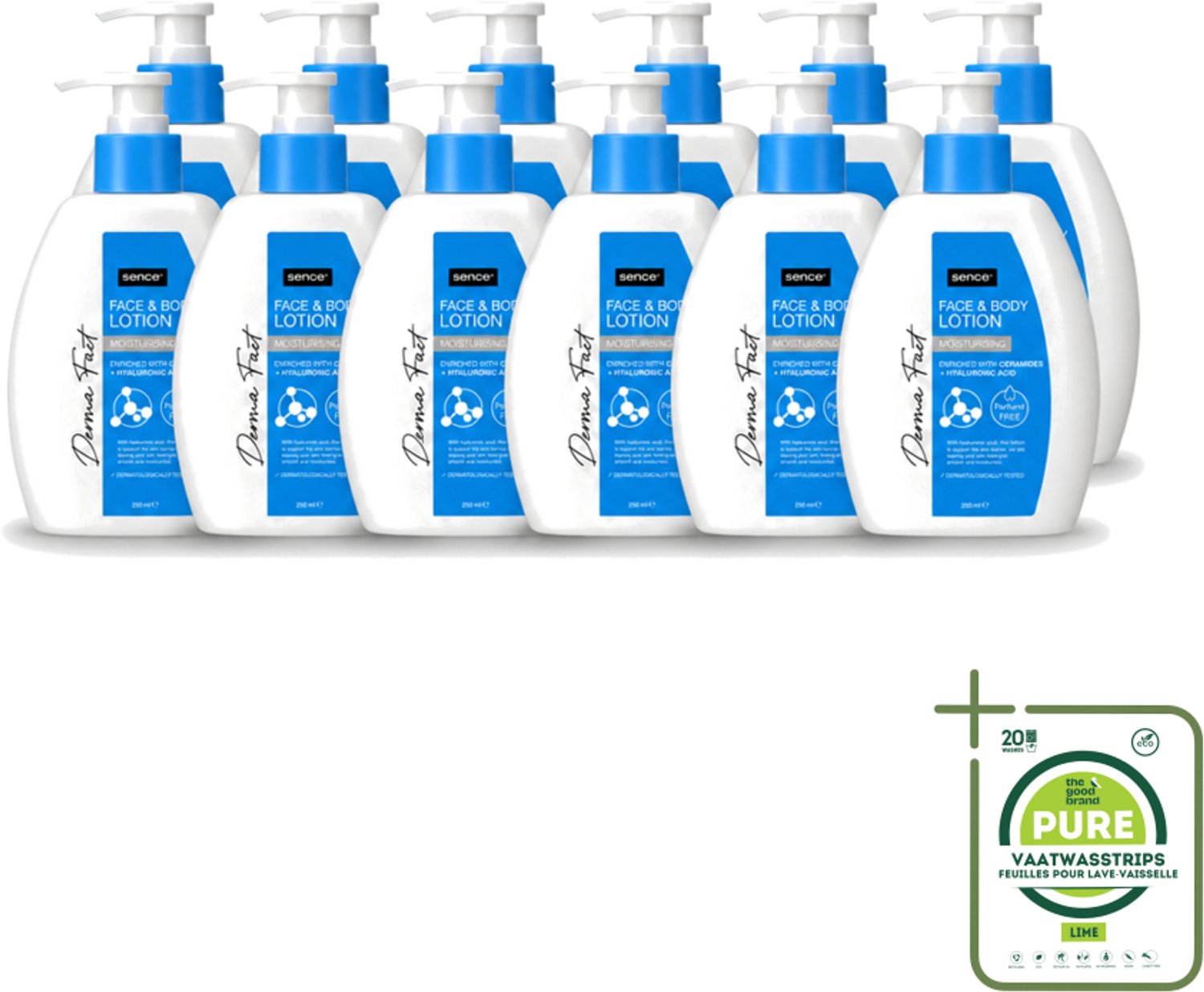 12 x Sence – Lotion – Face & Body – 250 ml - Grootverpakking - Vaatwasstrips - Hydraatatie - Huidbarrière - Ceramiden - Hyaluronzuur - Gezicht En Lichaam