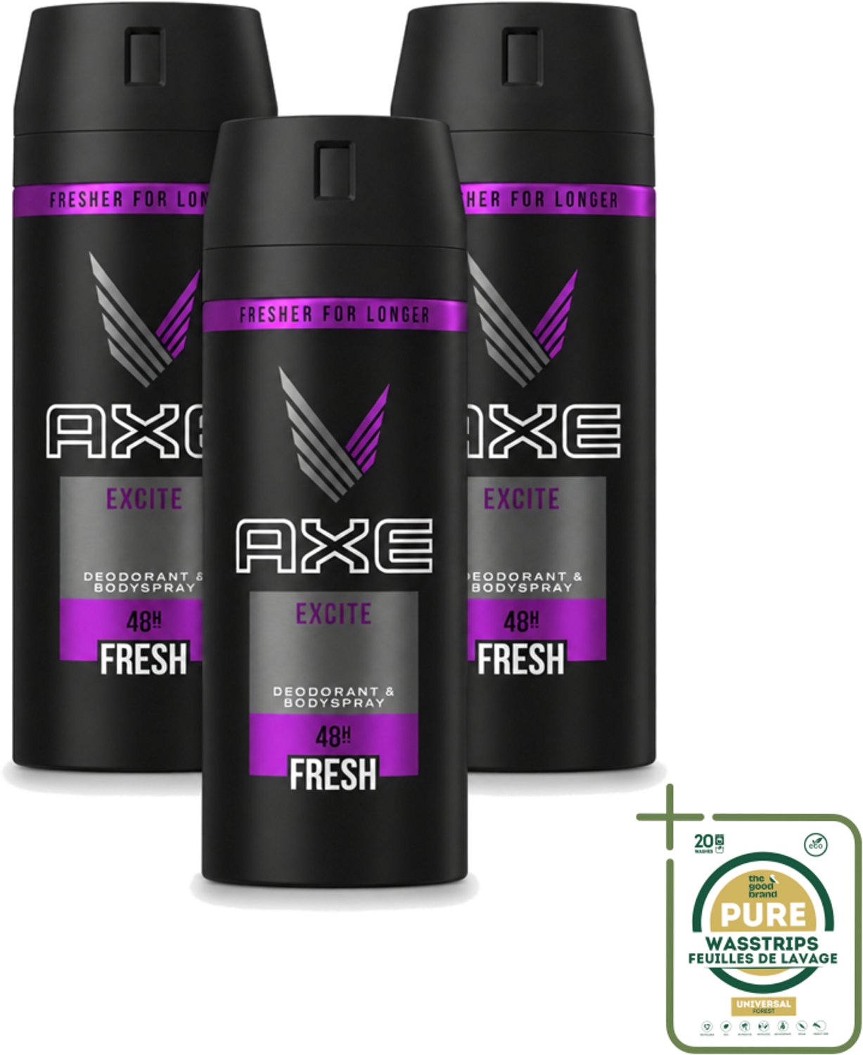 3 x Axe - Deodorant Bodyspray - 48hrs Fresh - Excite - 150 ml - Wasstrips - Axe Excite - Deodorant Bodyspray - Geur - Lichaamsgeur Bescherming - Langdurige Bescherming