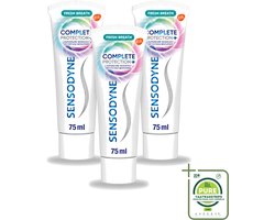 Sensodyne 3 x – Tandpasta – Complete Protection + Fresh Breath – 75 ml - Grootverpakking - Gevoelige Tanden - Tandpasta - Mondverzorging - Fris Adem - Tandgevoeligheid