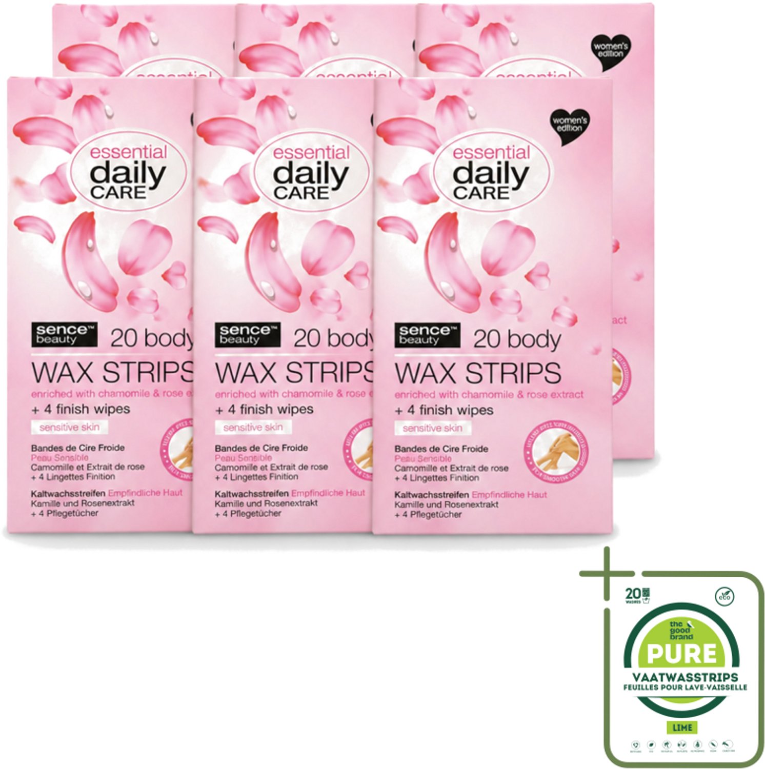 6 x Sence – Wax Strips – Lichaam – Ontharing – 20 Strips - Grootverpakking - Vaatwasstrips - Waxstrips Voor Het Lichaam - Ontharen Zonder Scheren - Gevoelige Huid - Kamille Extract - Rozenextract