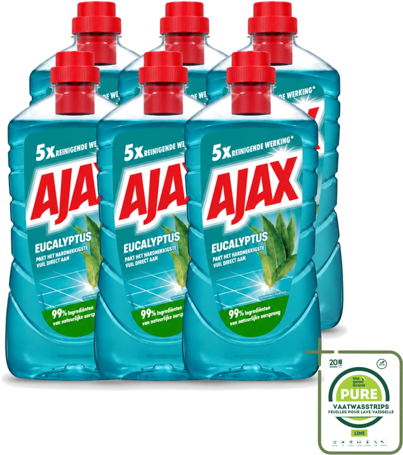 6 x Ajax – Allesreiniger – Eucalyptus – 1000 ml - Grootverpakking - Vaatwasstrips - Allesreiniger - Eucalyptus - Reiniging - Frisse Geur - Schoonmaak