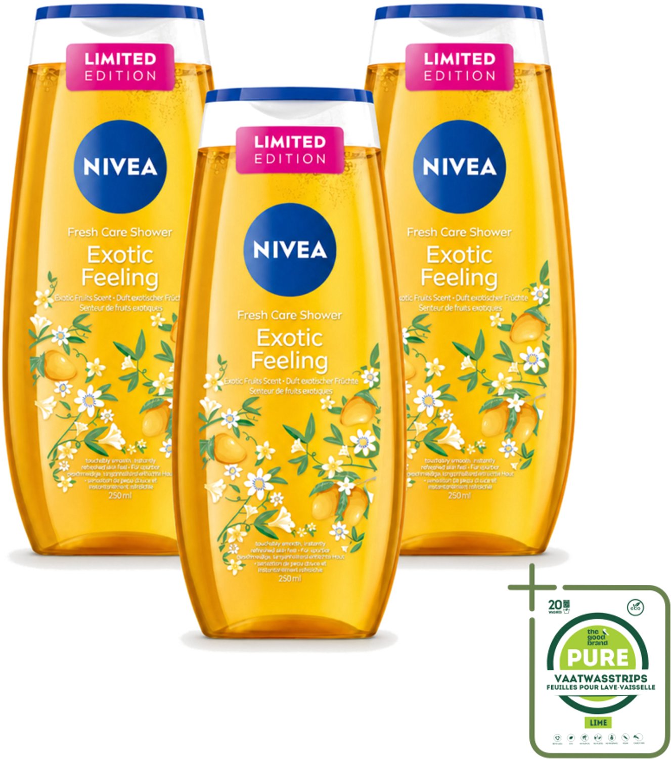 3 x Nivea – Douchegel – Exotic Feeling – 250 ml - Grootverpakking - Vaatwasstrips - Douchegel - Tropische Geur - Exotische Geur - Huid Verzorging - Mild Reinigen