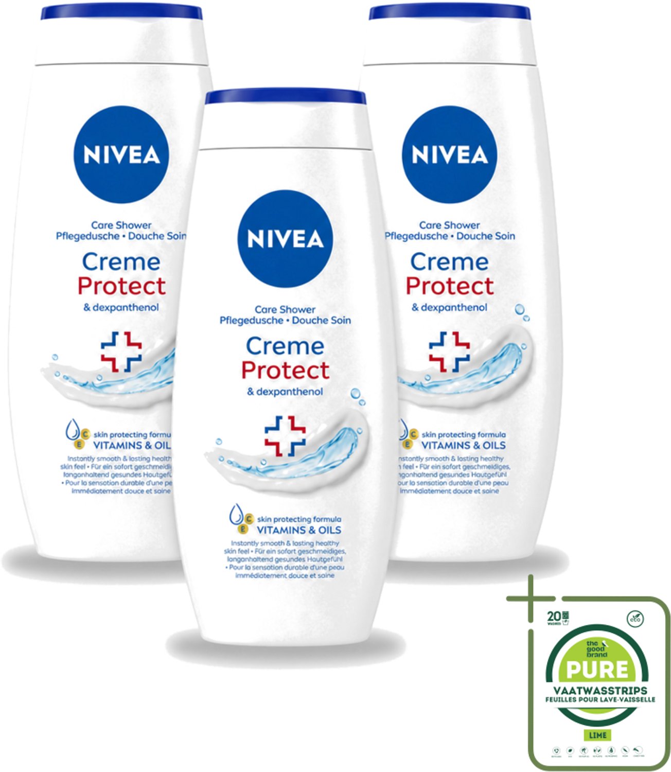 3 x Nivea – Douchecrème – Protect – 250 ml - Grootverpakking - Vaatwasstrips - Douchecrème - Huidverzorging - Huidbescherming - Vitamine C - Vitamine E