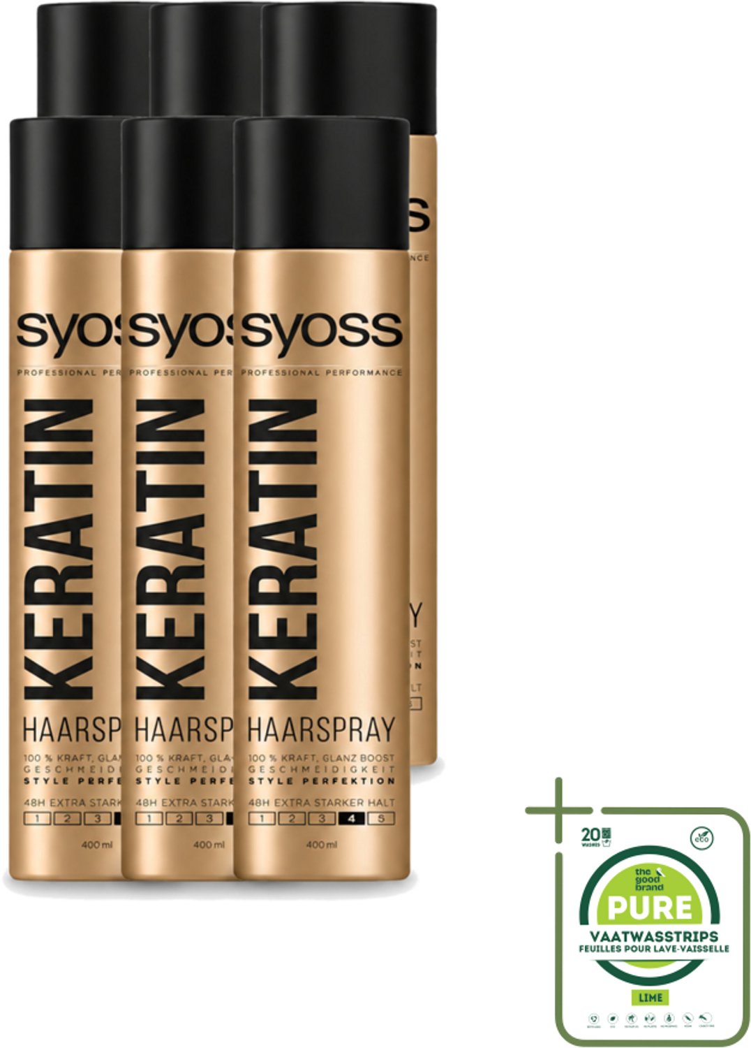 6 x Syoss – Haarspray – Keratin Hold 4 – 400 ml - Grootverpakking - Vaatwasstrips - Haarspray - Keratine - Fixatie - Stylen - Haarversterken