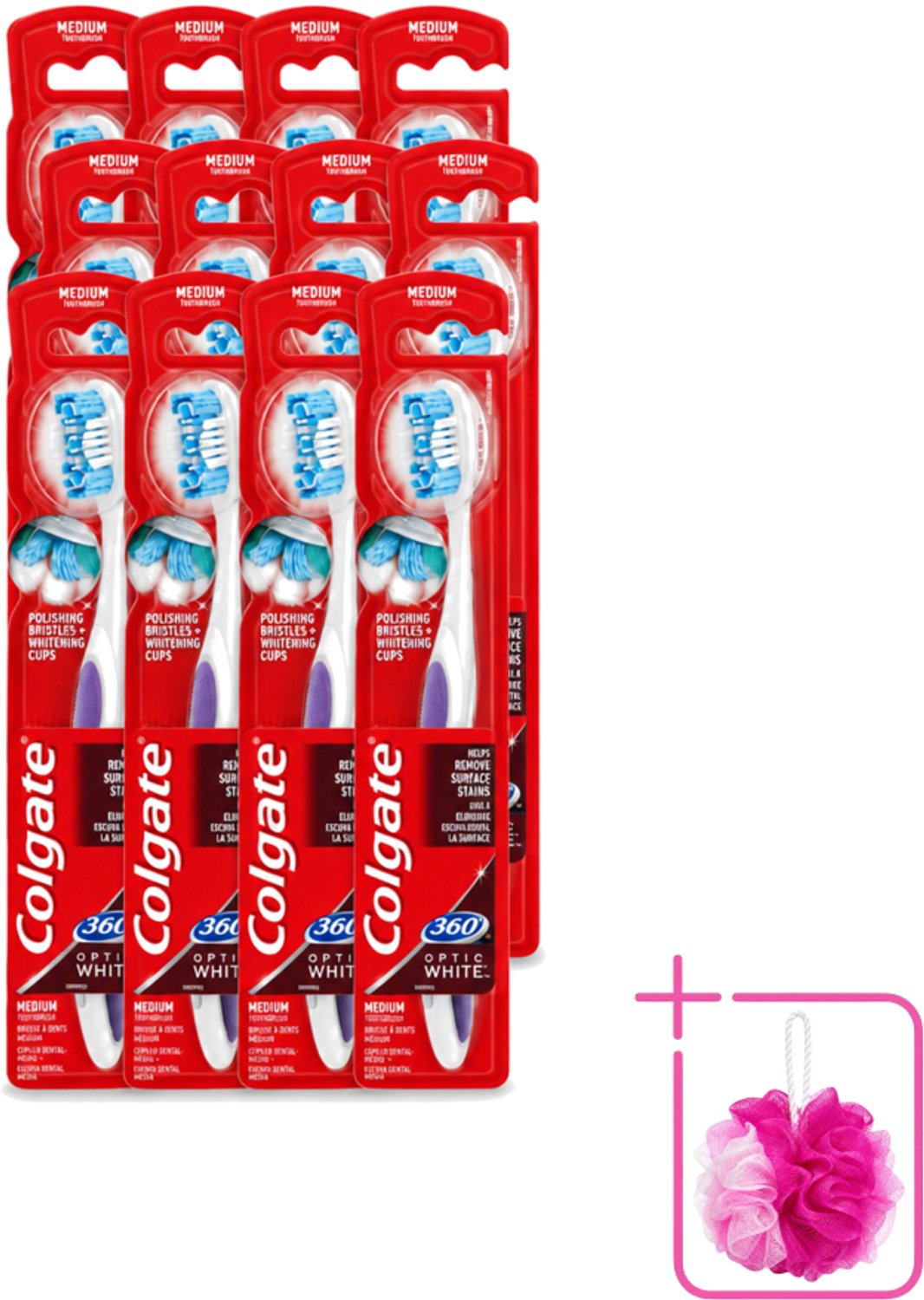 12 x Colgate - Tandenborstel - 360 Optic White Medium- Wit - 1 Tandenborstel - Bulkverpakking - Tandenborstel - Douchemop - Tanden reinigen