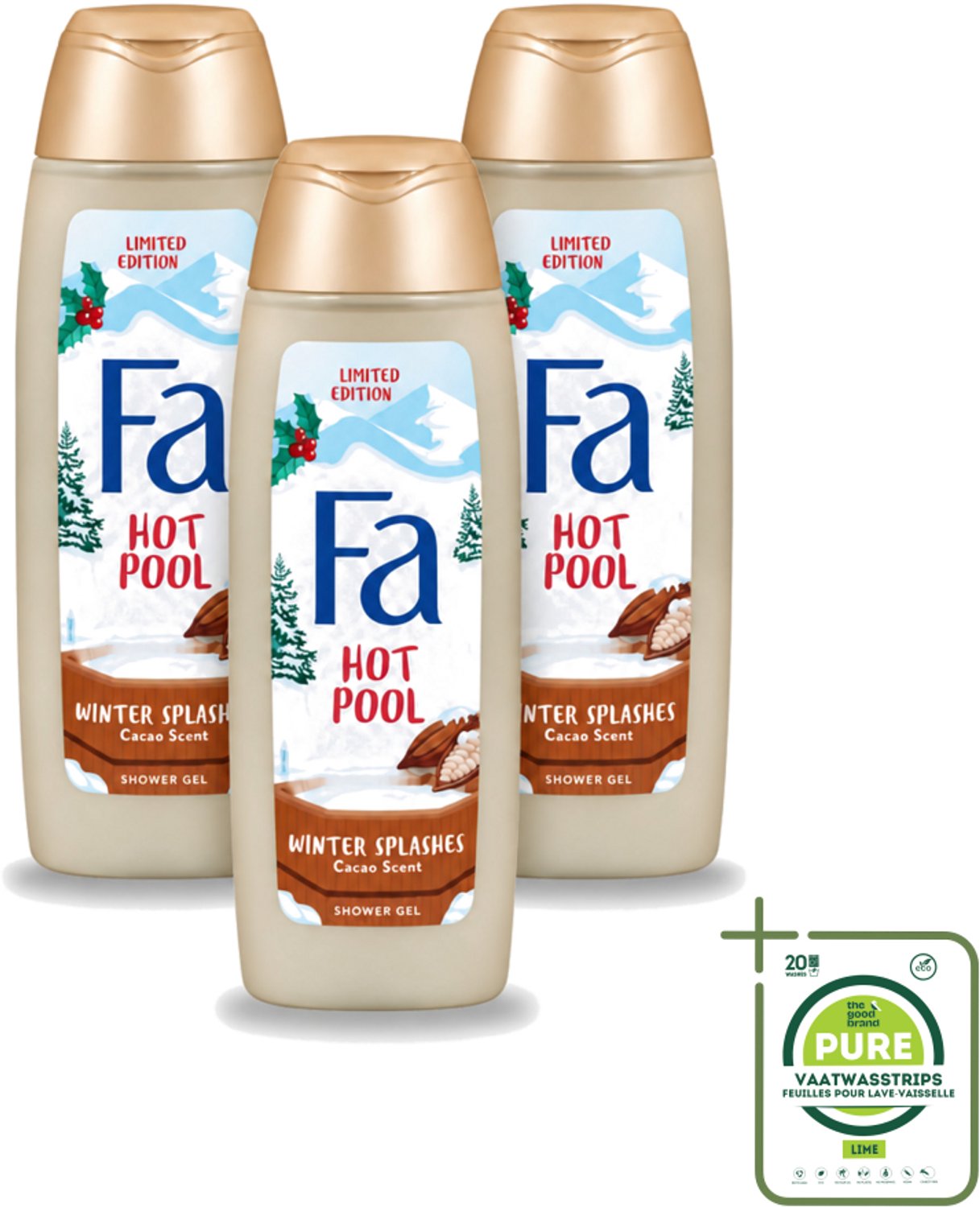 3 x Fa - Douchegel - Winter Splashes Hot Pool Cacao - Warm & Verwarmend - Verzachtend - 250 ml - Grootverpakking - Vaatwasstrips - Douchegel - Winter - Warm - Cacao - Verwarmend