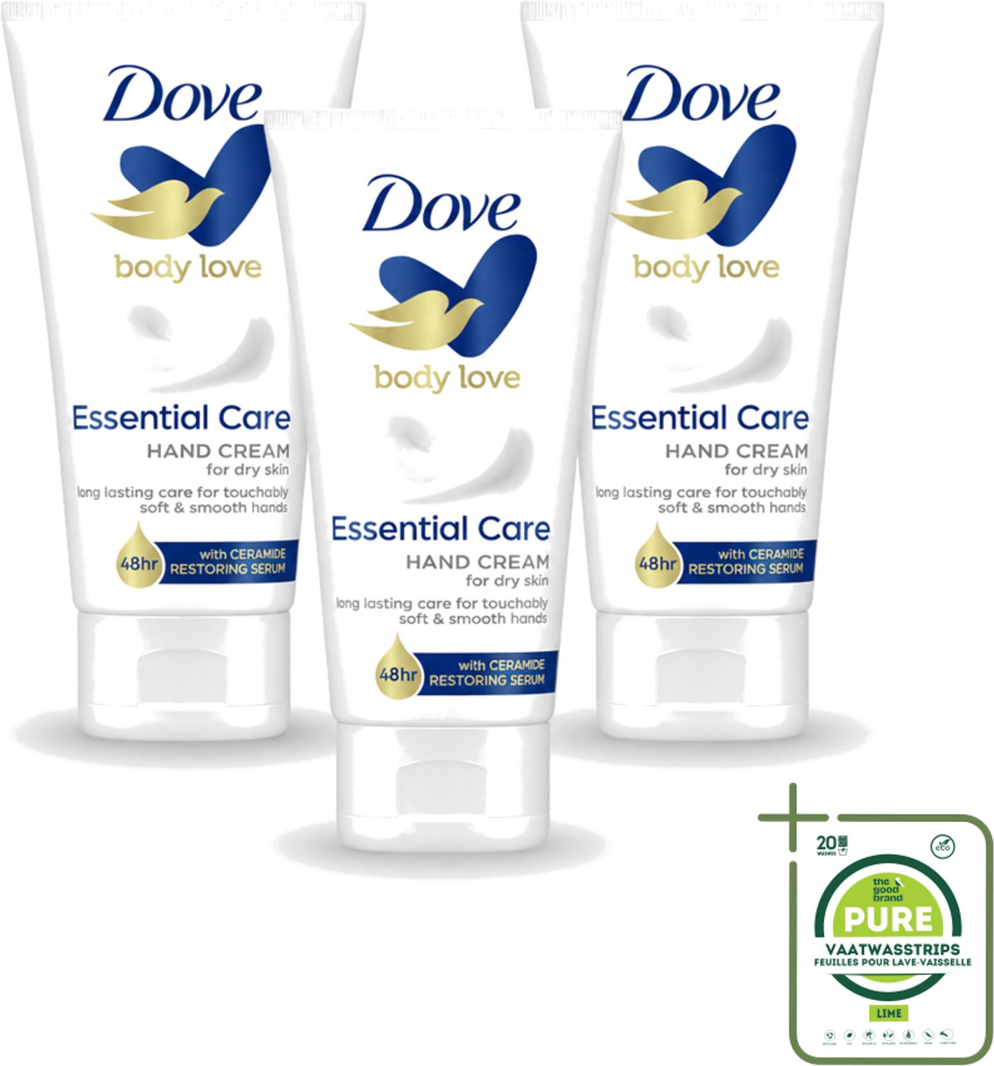 3 x Dove - Handcrème - Body Love Essential Care - Hydraterend - Droge huid - 75 g - Grootverpakking - Vaatwasstrips - Handcrème - Droge Huid - Hydrateren - Huidbarrière - Handen Verzorgen