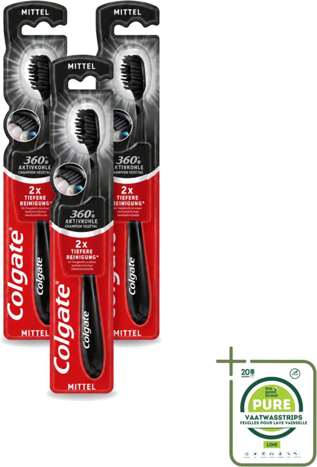 3 x Colgate - Tandenborstel - Charcoal Black 360 Medium - Zwart - 1 Tandenborstel - Grootverpakking - Tandenborstel Houtskool - Tandenborstel 360° - Mondverzorging - Tandenborstel Medium - Tandenborstel Zwart